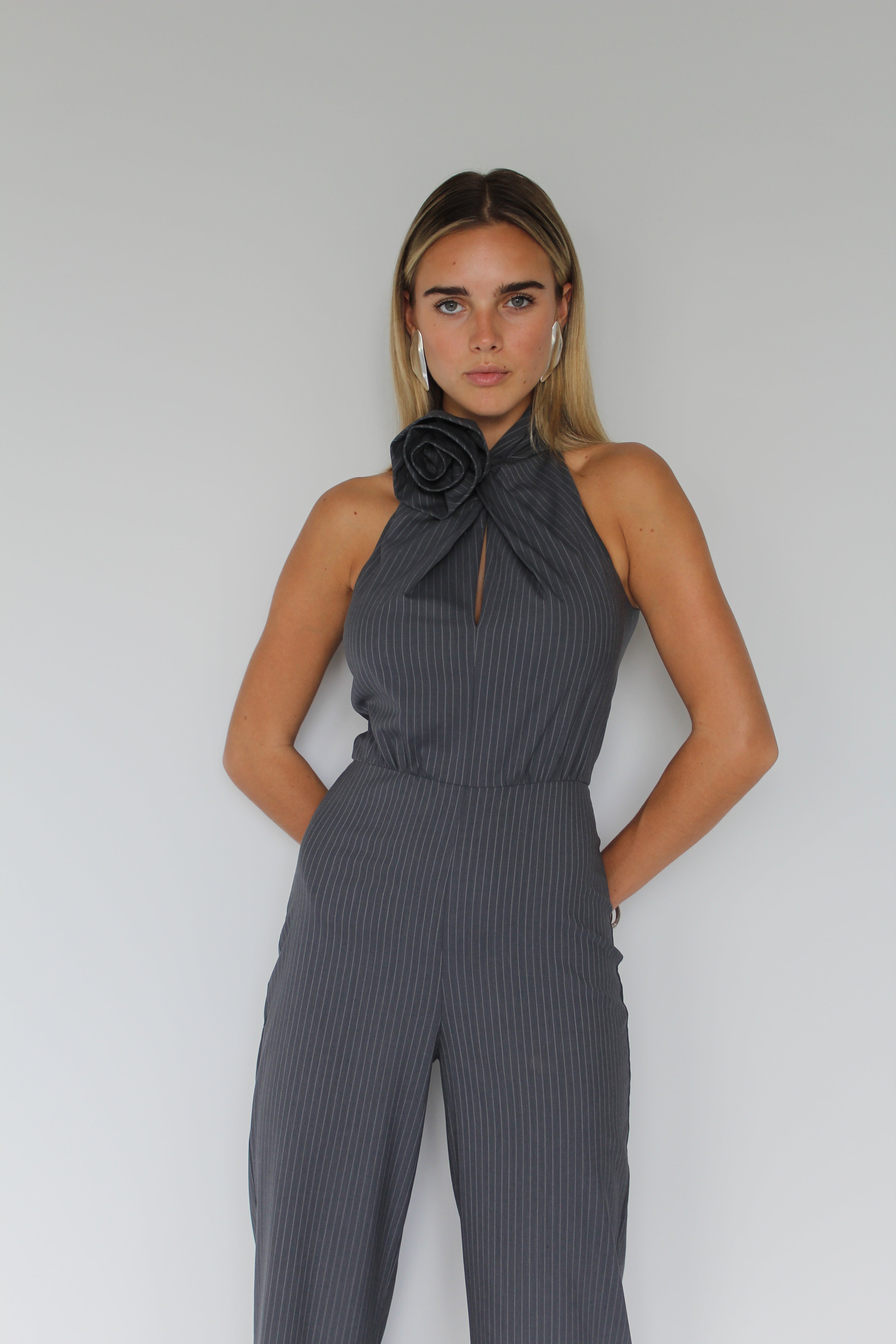 Mayfair Jumpsuit - Grey Pinstripe