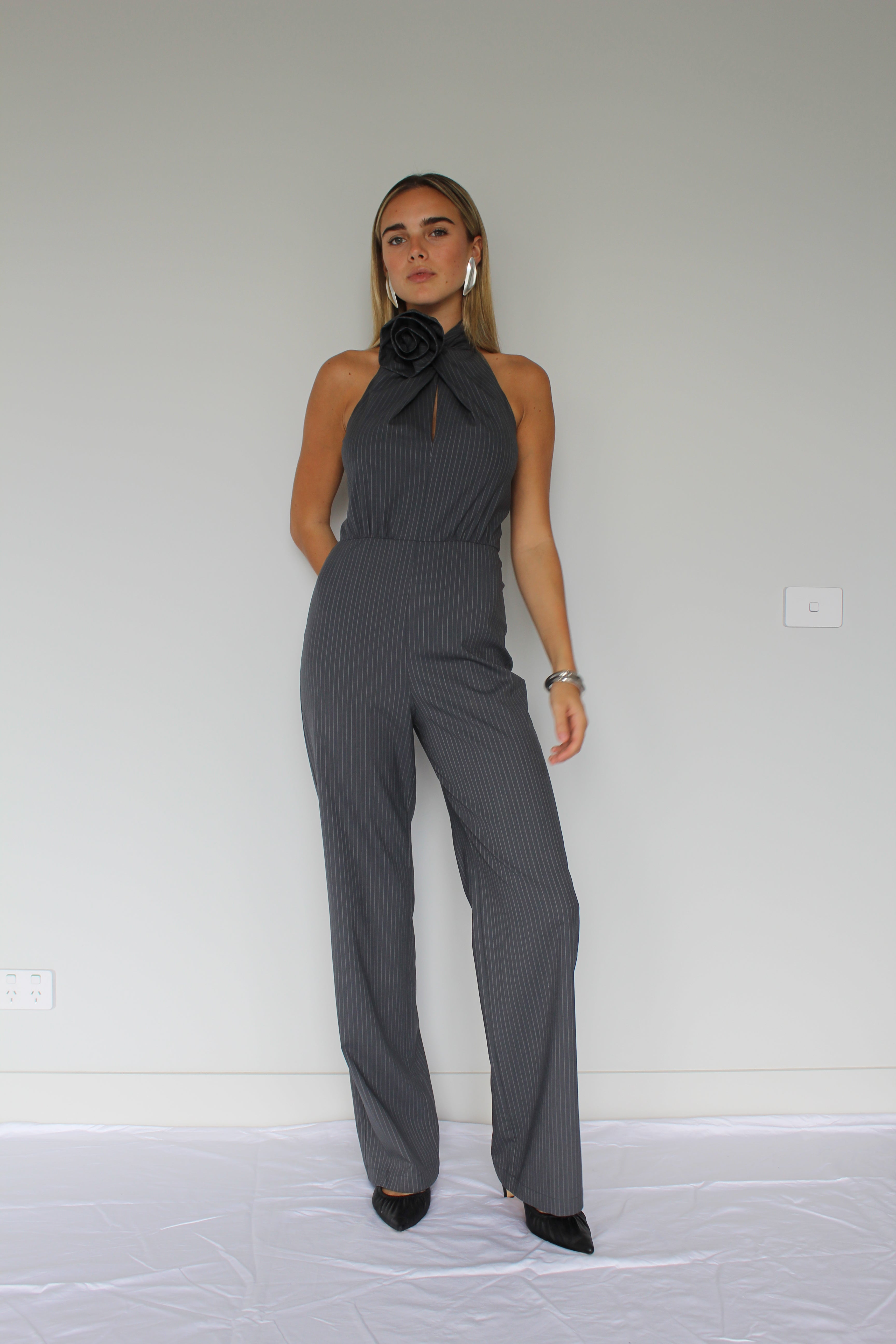 Mayfair Jumpsuit - Grey Pinstripe