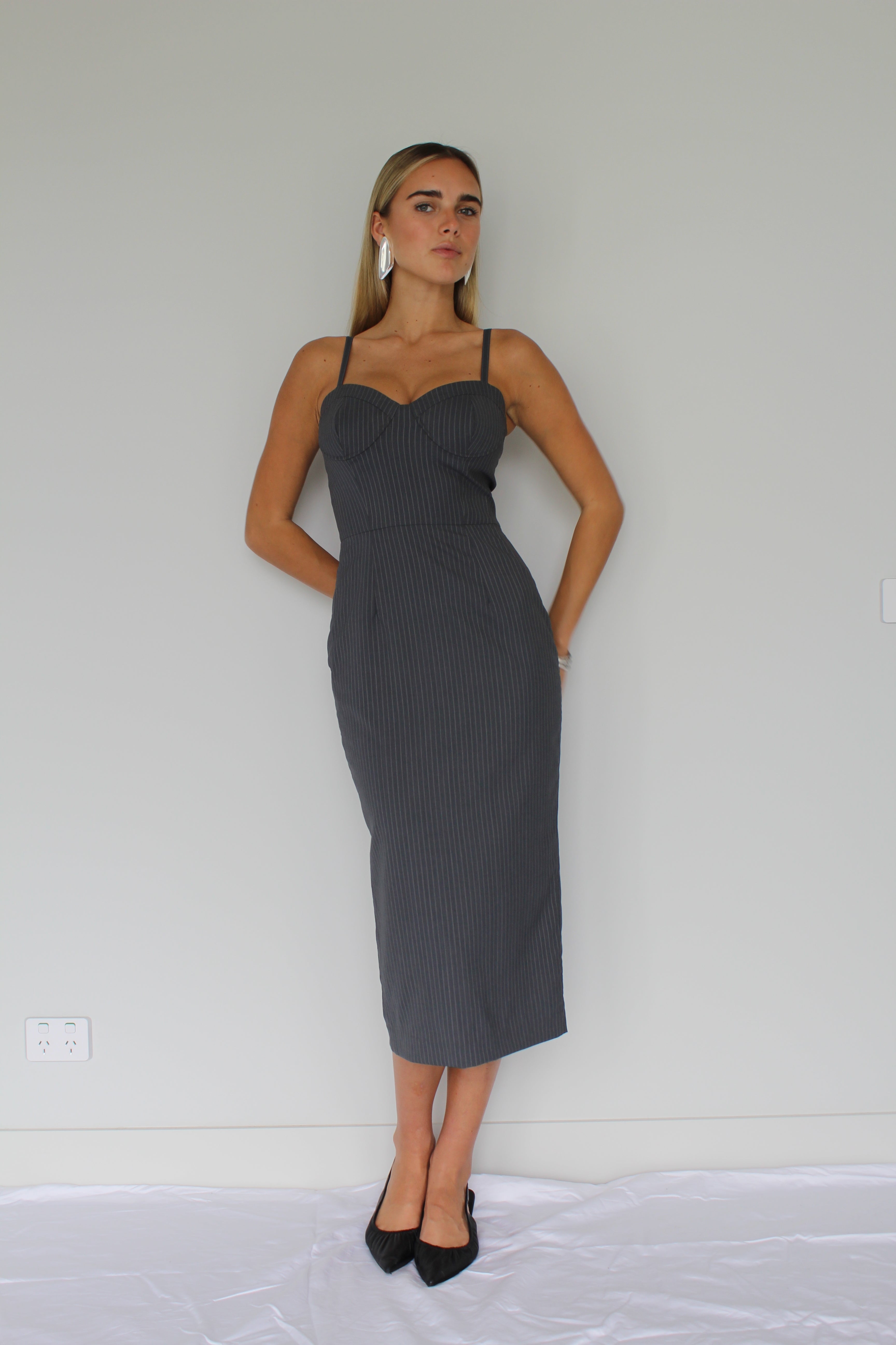 Venus Bustier Dress – Grey Pinstripe