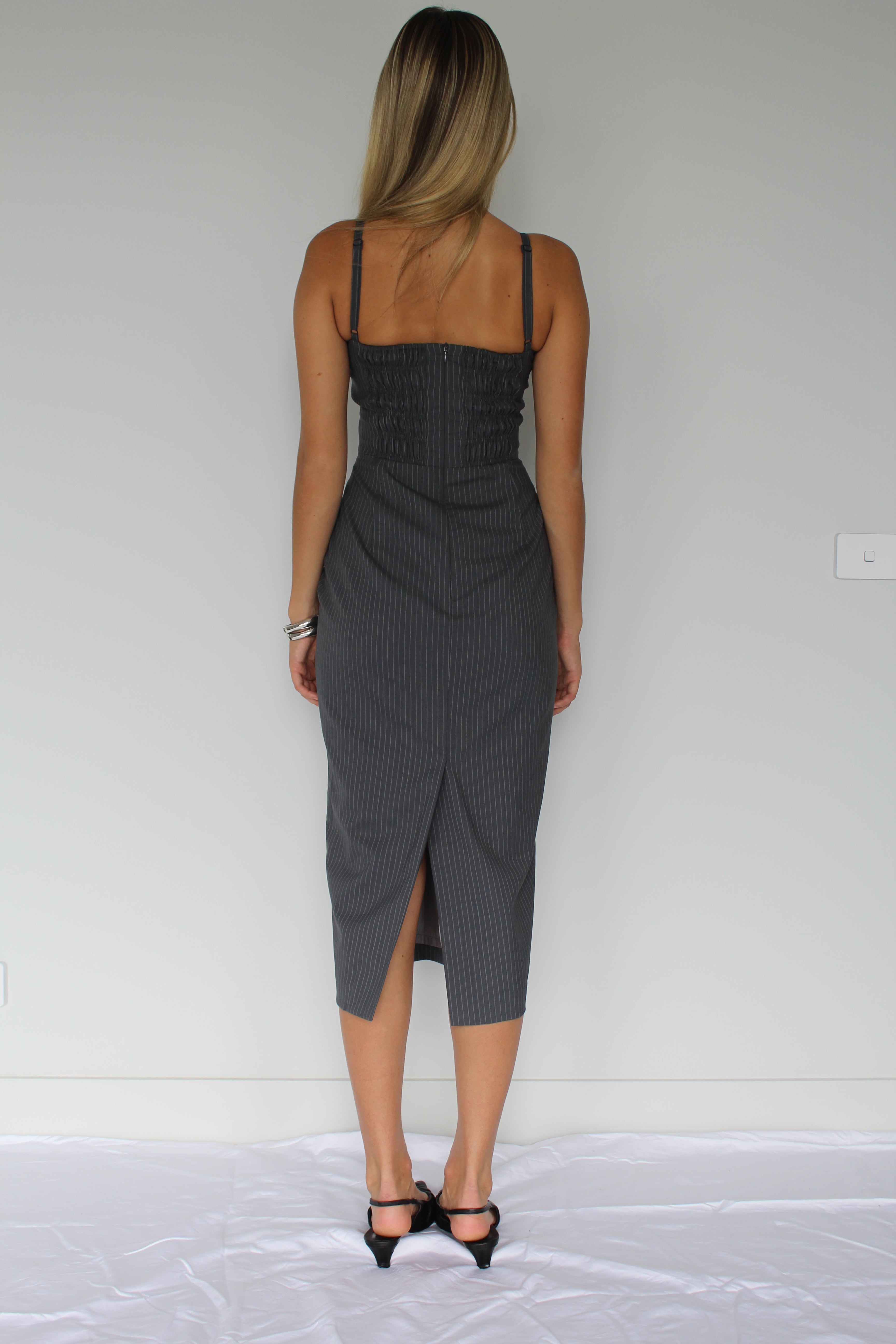 Venus Bustier Dress – Grey Pinstripe